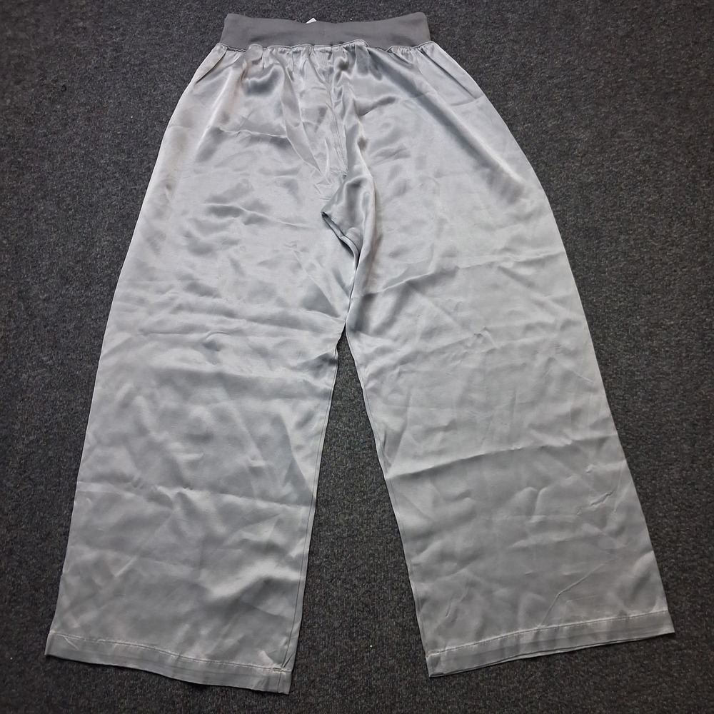 PJ Harlow Jolie Capri Satin Lounge Pants Silver Wide Leg Ribbed Waist XS NWT